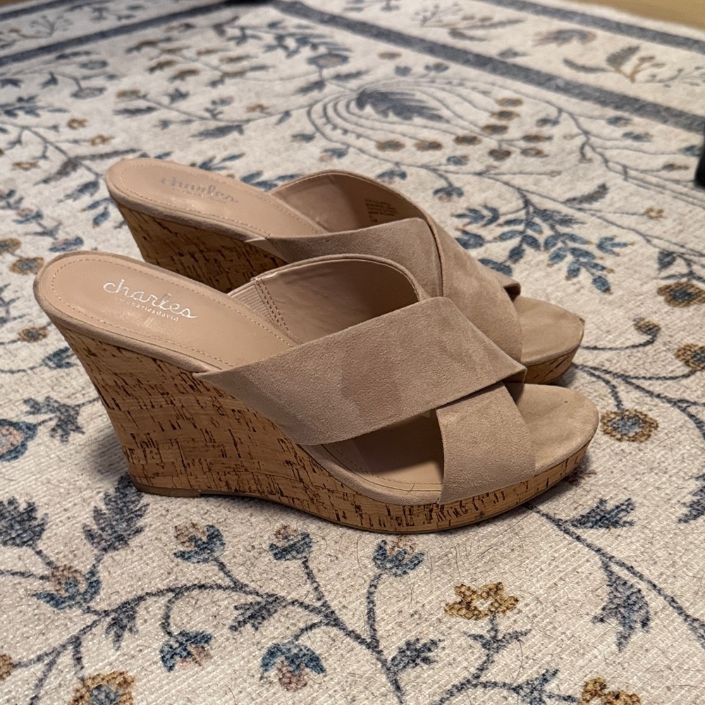 Charles by Charles David Tan Suede Cork Wedge Sandals